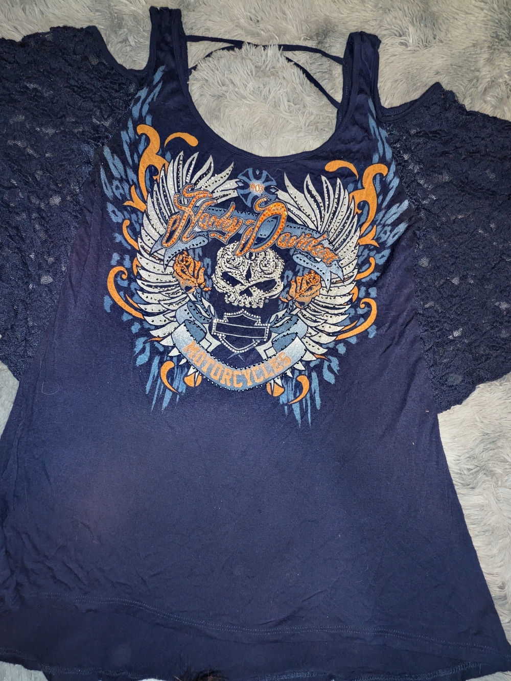 🧡Harley-Davidson Women's Navy Lace Sleeve Graphic Top🧡